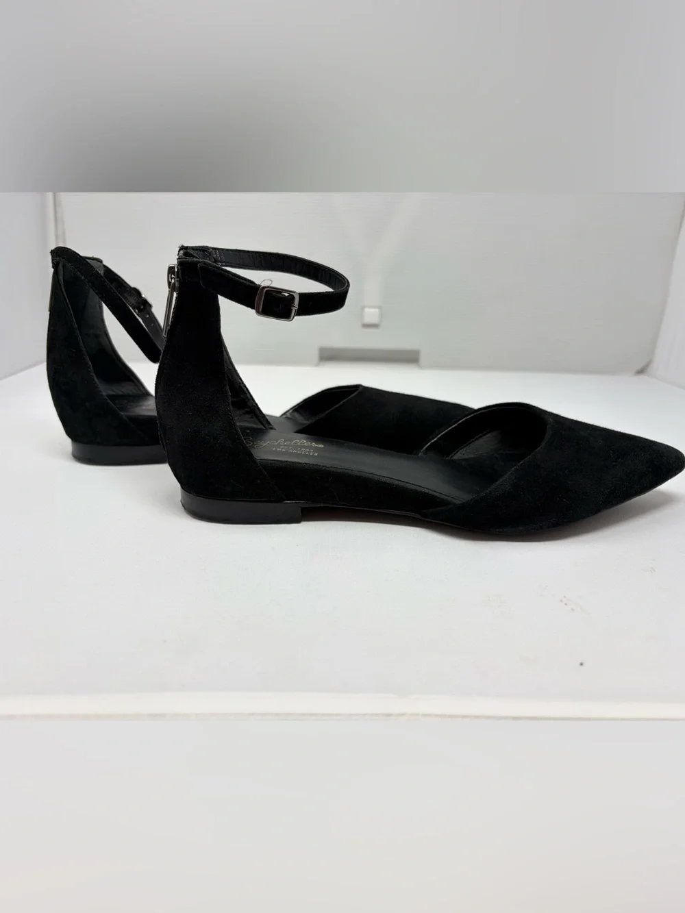 Seychelles Plateau d'Orsay Flats Black Suede Leather 9.5 Ankle Strap Pointy Toe